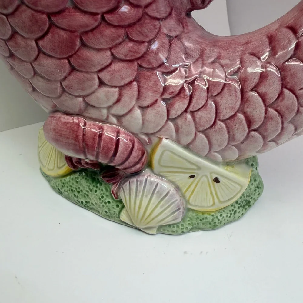Vintage Fitz & Floyd Pink Fish‎ Pitcher Ceramic Seafood Nautical Large 10